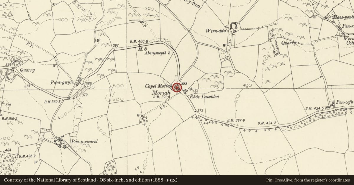 Ordnance Survey six-inch map, 2nd edition (1888–1913) covering the location of Coach house, gates and forecourt wall at Capel Moriah, Llanfarian, Ceredigion, with a pin at the register's coordinates