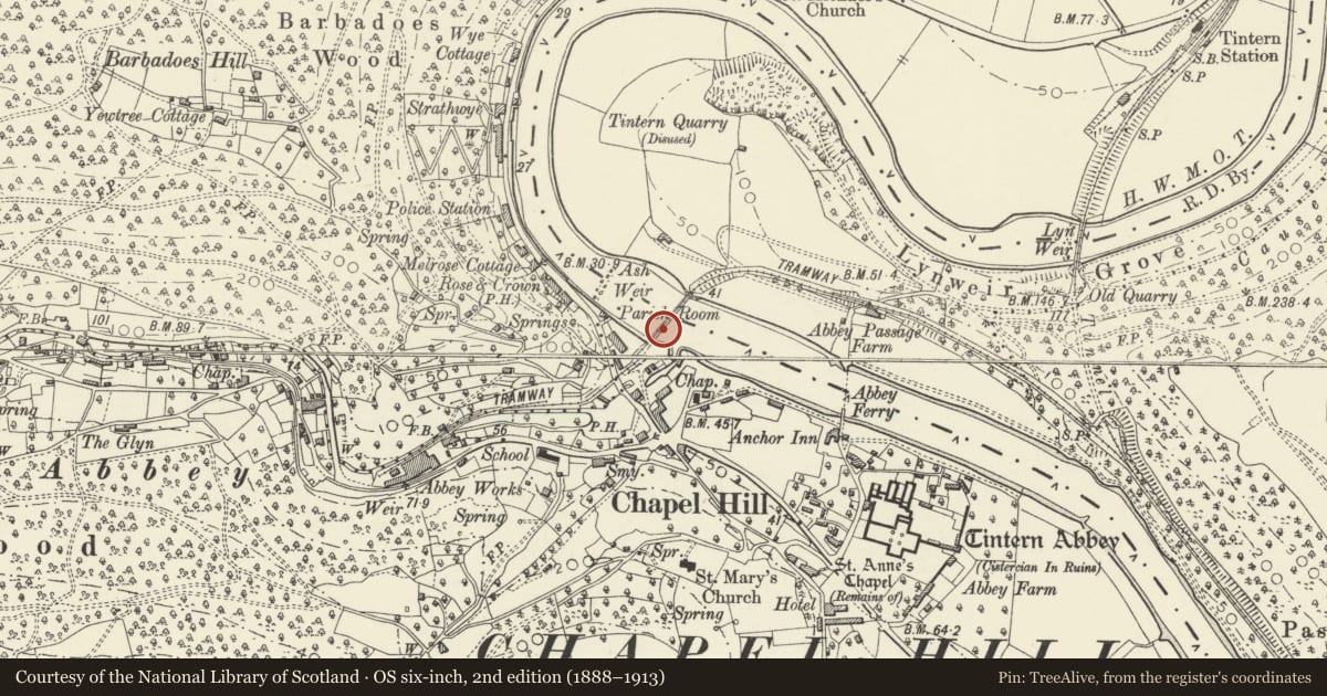 Ordnance Survey six-inch map, 2nd edition (1888–1913) covering the location of Old Tramway Bridge, Wye Valley, Monmouthshire, with a pin at the register's coordinates