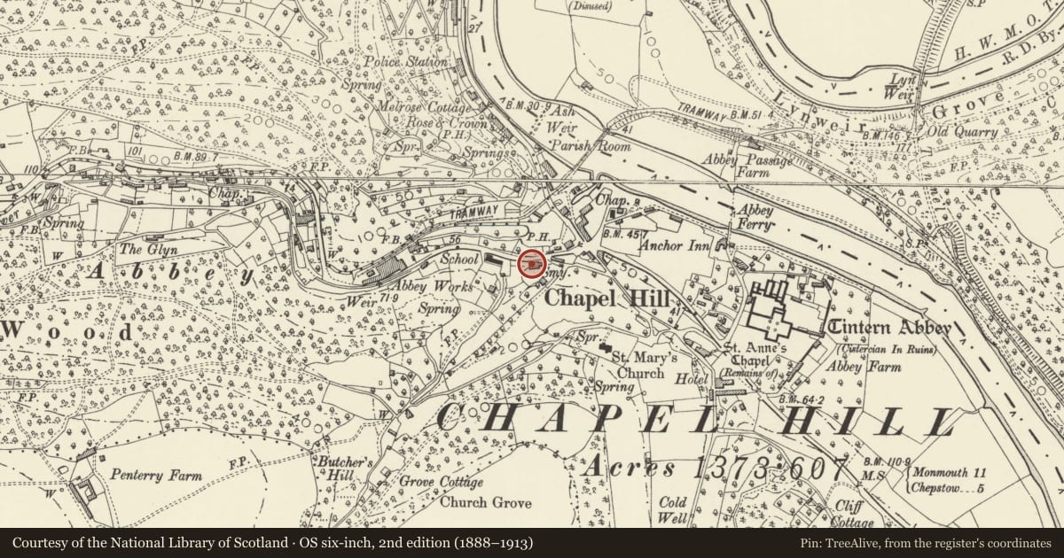 Ordnance Survey six-inch map, 2nd edition (1888–1913) covering the location of Crown Lodge, Wye Valley, Monmouthshire, with a pin at the register's coordinates