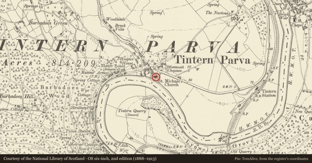 Ordnance Survey six-inch map, 2nd edition (1888–1913) covering the location of Church of St Michael, Wye Valley, Monmouthshire, with a pin at the register's coordinates