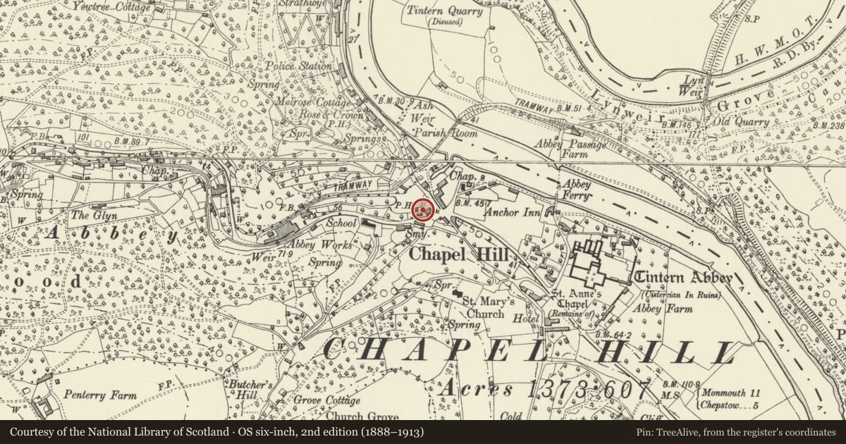 Ordnance Survey six-inch map, 2nd edition (1888–1913) covering the location of The Royal George Hotel, Wye Valley, Monmouthshire, with a pin at the register's coordinates