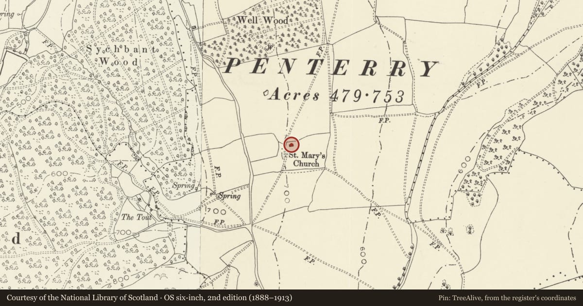Ordnance Survey six-inch map, 2nd edition (1888–1913) covering the location of Church of St Mary, St. Arvans, Monmouthshire, with a pin at the register's coordinates