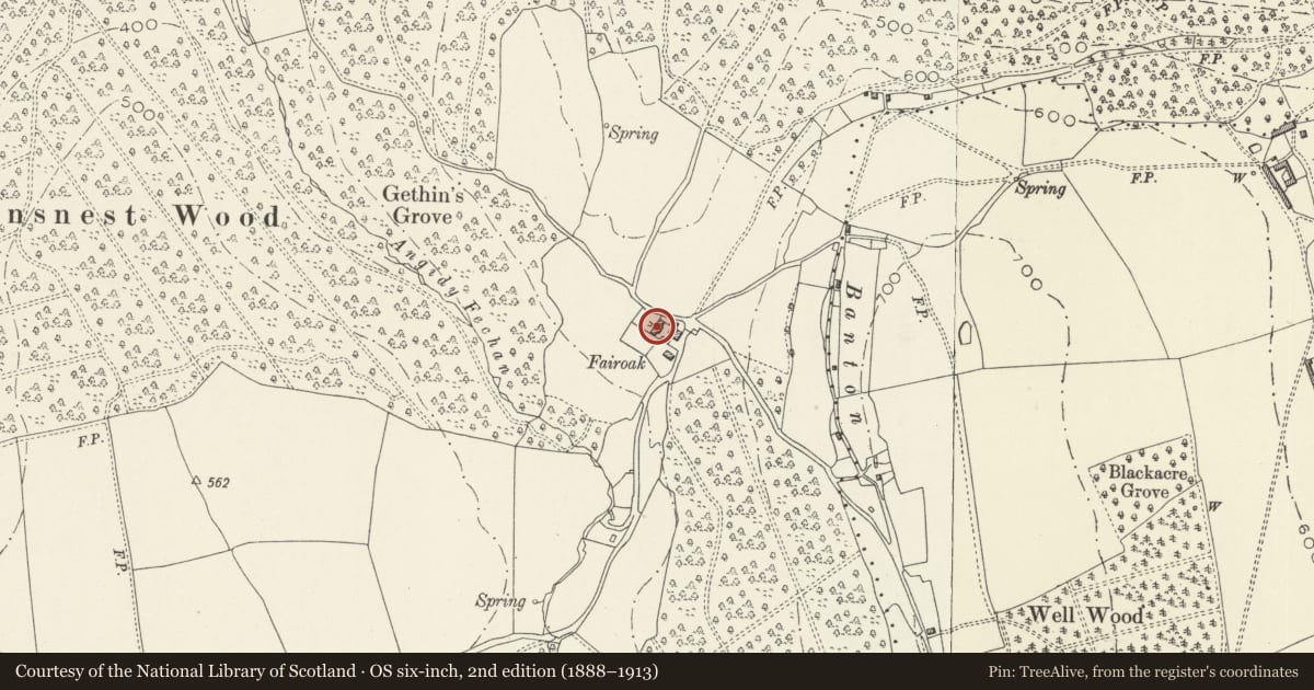 Ordnance Survey six-inch map, 2nd edition (1888–1913) covering the location of Barn at Fairoak Farm, St. Arvans, Monmouthshire, with a pin at the register's coordinates