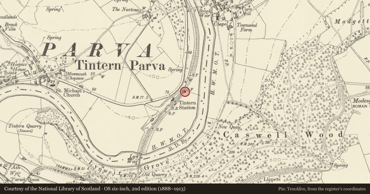 Ordnance Survey six-inch map, 2nd edition (1888–1913) covering the location of Railway Signal Post at Tintern Station, Wye Valley, Monmouthshire, with a pin at the register's coordinates