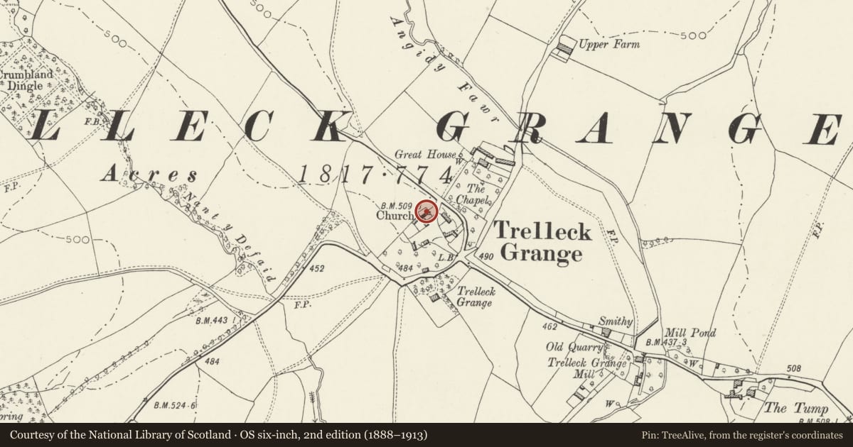 Ordnance Survey six-inch map, 2nd edition (1888–1913) covering the location of Trellech Grange Church, Trellech United, Monmouthshire, with a pin at the register's coordinates