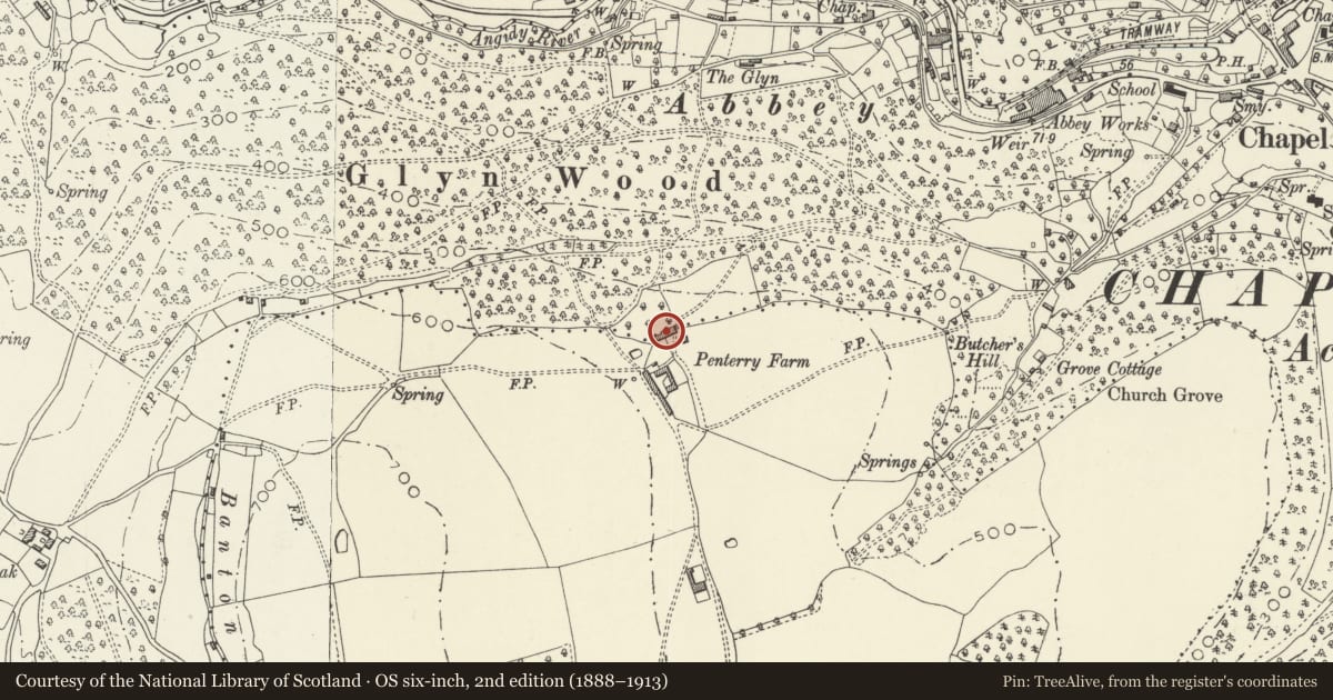 Ordnance Survey six-inch map, 2nd edition (1888–1913) covering the location of Penterry House, St. Arvans, Monmouthshire, with a pin at the register's coordinates