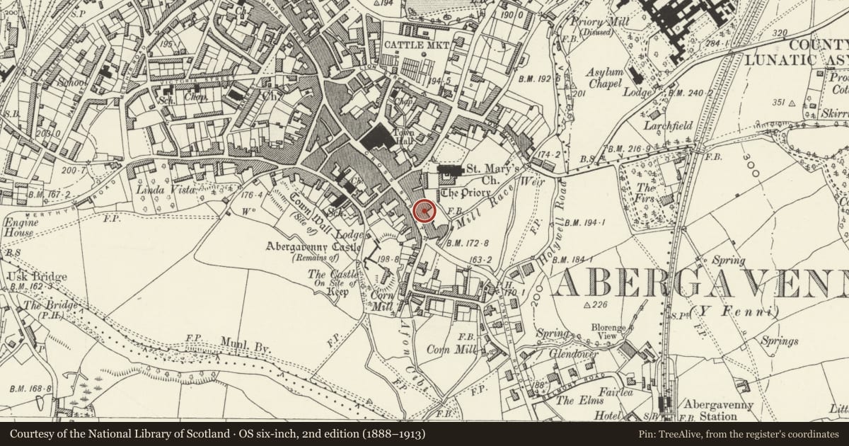 Ordnance Survey six-inch map, 2nd edition (1888–1913) covering the location of The Coach and Horses PH, Abergavenny, Monmouthshire, with a pin at the register's coordinates