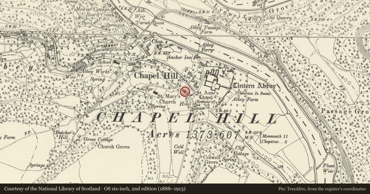 Ordnance Survey six-inch map, 2nd edition (1888–1913) covering the location of Former Dairy of St Anne's House, Wye Valley, Monmouthshire, with a pin at the register's coordinates