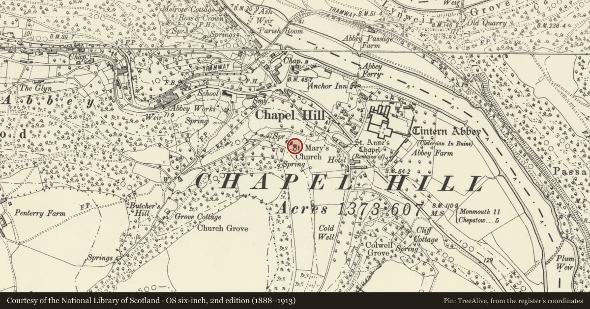 Ordnance Survey six-inch map, 2nd edition (1888–1913) covering the location of Tomb with Pyramid in Churchyard of Former Church of St Mary, Wye Valley, Monmouthshire, with a pin at the register's coordinates