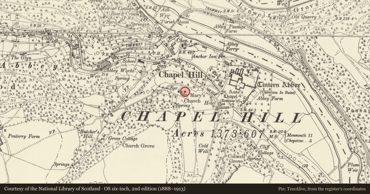 Ordnance Survey six-inch map, 2nd edition (1888–1913) covering the location of Tomb with Sarcophagus in Churchyard of Former Church of St Mary, Wye Valley, Monmouthshire, with a pin at the register's coordinates