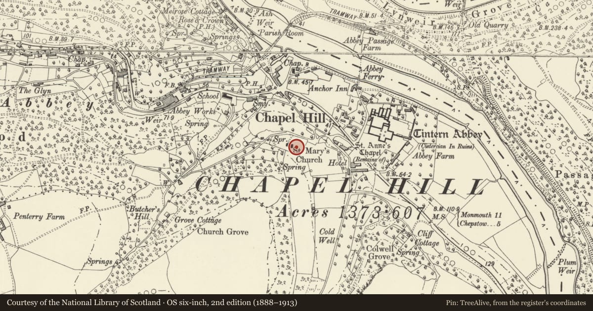 Ordnance Survey six-inch map, 2nd edition (1888–1913) covering the location of Tomb of J S Brown in Churchyard of Former Church of St Mary, Wye Valley, Monmouthshire, with a pin at the register's coordinates