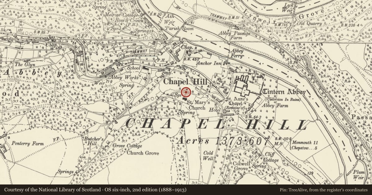 Ordnance Survey six-inch map, 2nd edition (1888–1913) covering the location of Revetment Wall of Churchyard at Church of St Mary and adjoining Paved Road of Chapel Hill, Wye Valley, Monmouthshire, with a pin at the register's coordinates