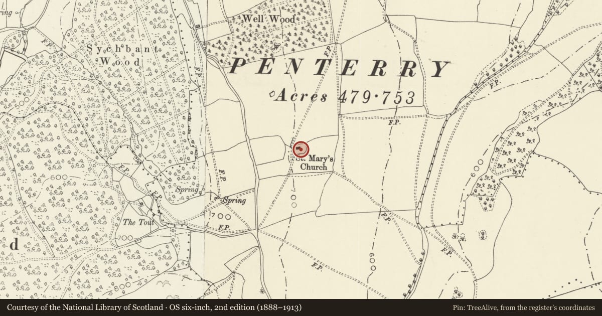 Ordnance Survey six-inch map, 2nd edition (1888–1913) covering the location of Cross in Churchyard of the Church of St Mary, St. Arvans, Monmouthshire, with a pin at the register's coordinates