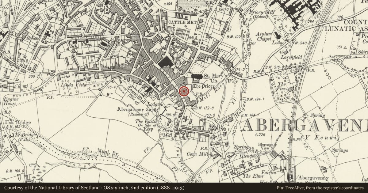 Ordnance Survey six-inch map, 2nd edition (1888–1913) covering the location of 42 Cross Street, Abergavenny, Monmouthshire, with a pin at the register's coordinates