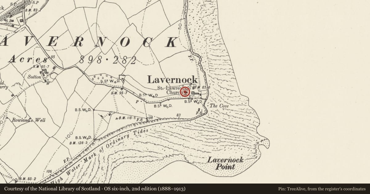 Ordnance Survey six-inch map, 2nd edition (1888–1913) covering the location of Church of St Lawrence, Sully, Vale of Glamorgan, with a pin at the register's coordinates