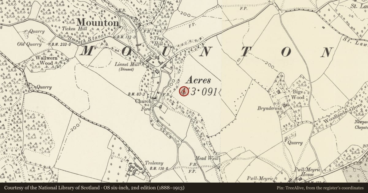 Ordnance Survey six-inch map, 2nd edition (1888–1913) covering the location of Mounton House, Mathern, Monmouthshire, with a pin at the register's coordinates