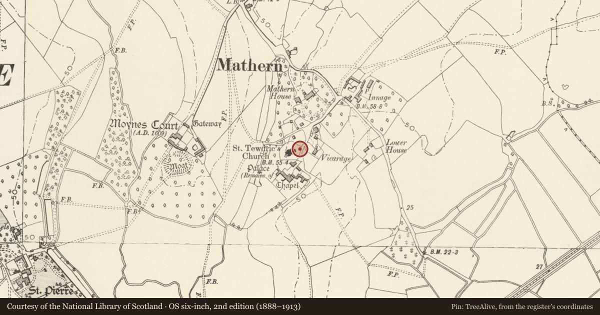 Ordnance Survey six-inch map, 2nd edition (1888–1913) covering the location of Lychgate at the Church of St Tewdric, Mathern, Monmouthshire, with a pin at the register's coordinates