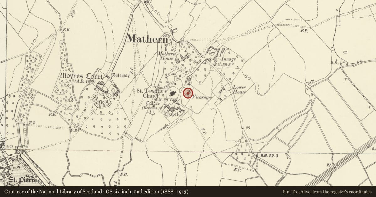 Ordnance Survey six-inch map, 2nd edition (1888–1913) covering the location of Mathern Vicarage, Monmouthshire, with a pin at the register's coordinates
