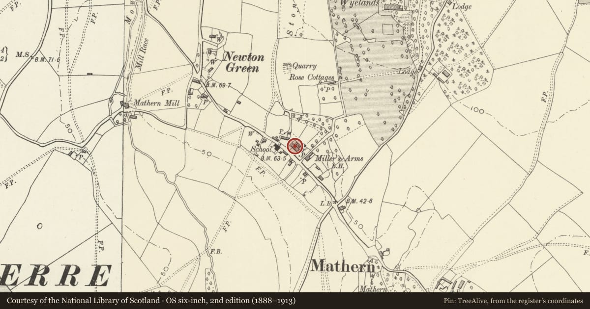Ordnance Survey six-inch map, 2nd edition (1888–1913) covering the location of Model Cottages, Mathern, Monmouthshire, with a pin at the register's coordinates