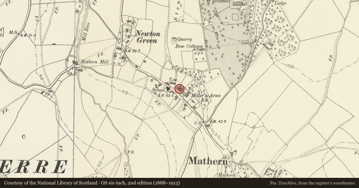 Ordnance Survey six-inch map, 2nd edition (1888–1913) covering the location of Model Cottages, Mathern, Monmouthshire, with a pin at the register's coordinates