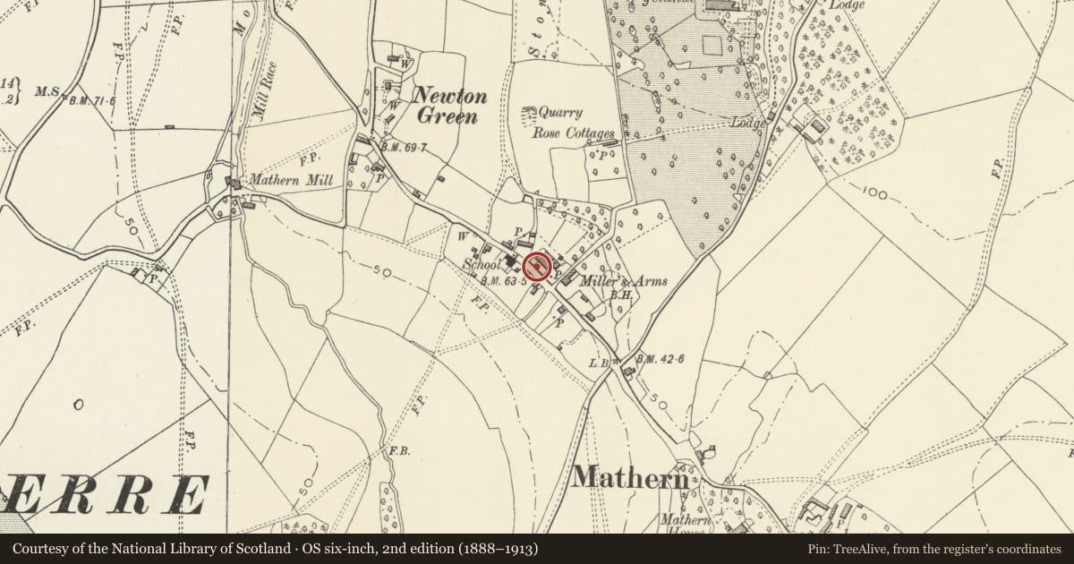 Ordnance Survey six-inch map, 2nd edition (1888–1913) covering the location of Wall, Railings and Gateways at Model Cottages, Mathern, Monmouthshire, with a pin at the register's coordinates