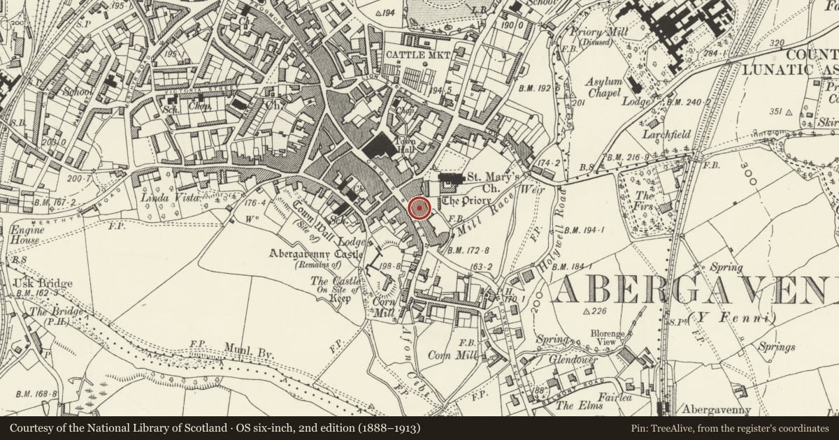 Ordnance Survey six-inch map, 2nd edition (1888–1913) covering the location of 44 Cross Street, Abergavenny, Monmouthshire, with a pin at the register's coordinates