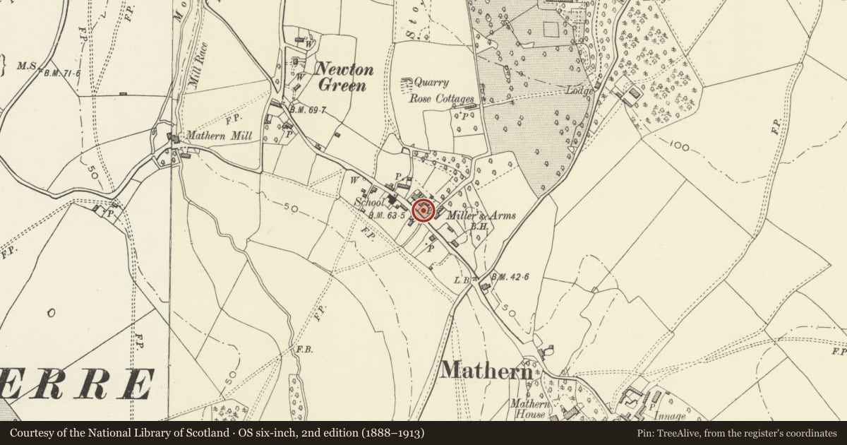 Ordnance Survey six-inch map, 2nd edition (1888–1913) covering the location of Water-tank shelter in garden at New Cottage, Mathern, Monmouthshire, with a pin at the register's coordinates