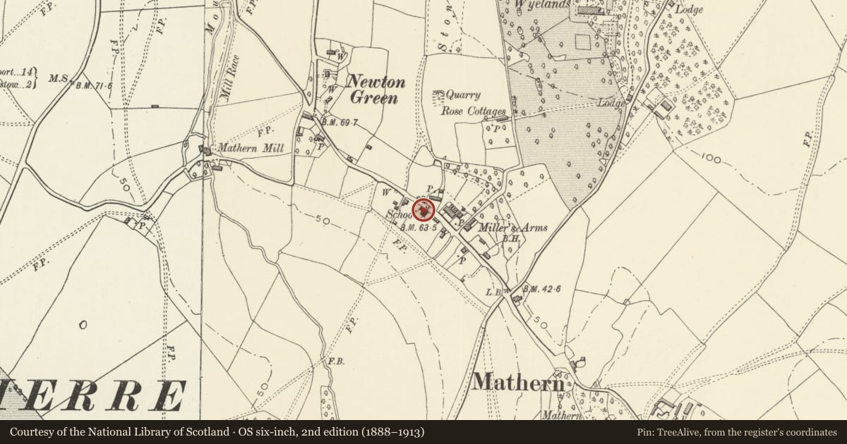 Ordnance Survey six-inch map, 2nd edition (1888–1913) covering the location of The Old School, Mathern, Monmouthshire, with a pin at the register's coordinates