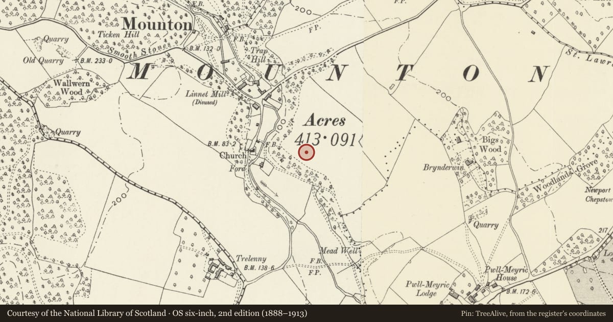 Ordnance Survey six-inch map, 2nd edition (1888–1913) covering the location of South Urn on Bowling Green of Mounton House, Mathern, Monmouthshire, with a pin at the register's coordinates