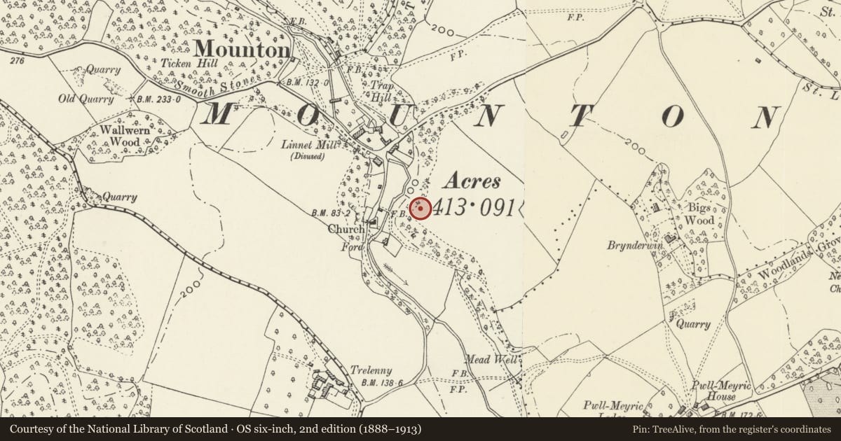 Ordnance Survey six-inch map, 2nd edition (1888–1913) covering the location of North Urn on Bowling Green of Mounton House, Mathern, Monmouthshire, with a pin at the register's coordinates