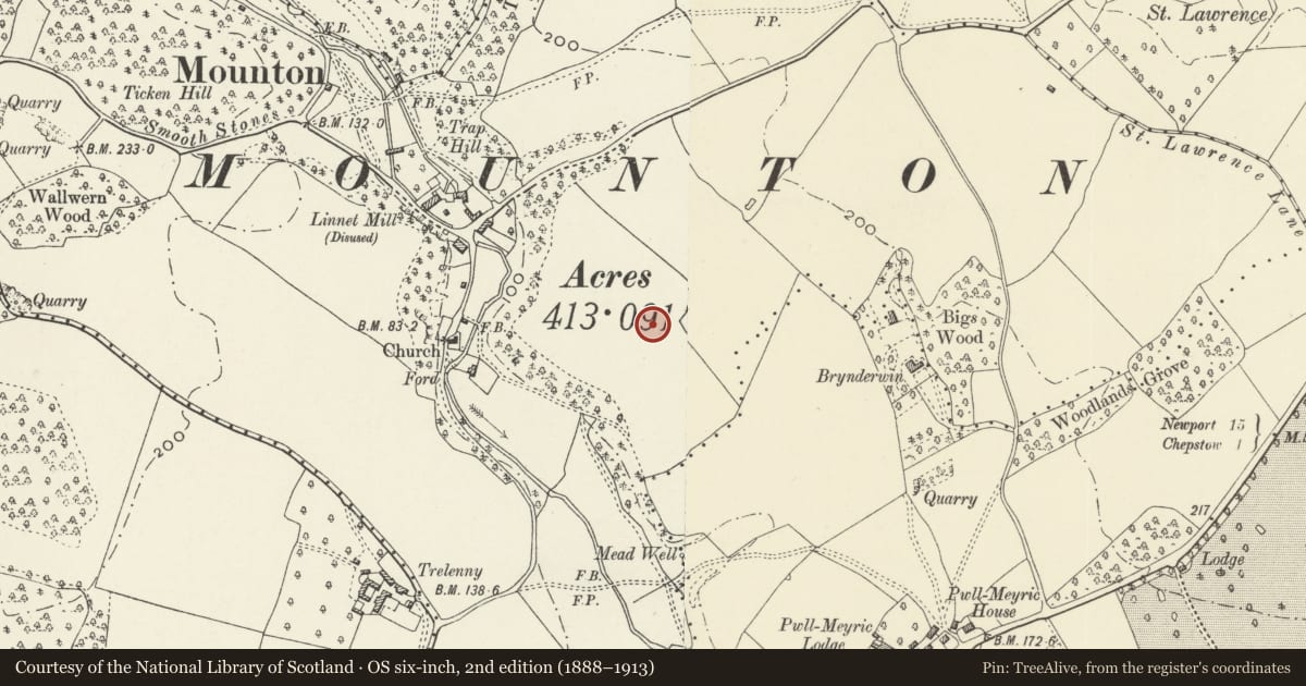 Ordnance Survey six-inch map, 2nd edition (1888–1913) covering the location of Mounton House Cottages, Mathern, Monmouthshire, with a pin at the register's coordinates