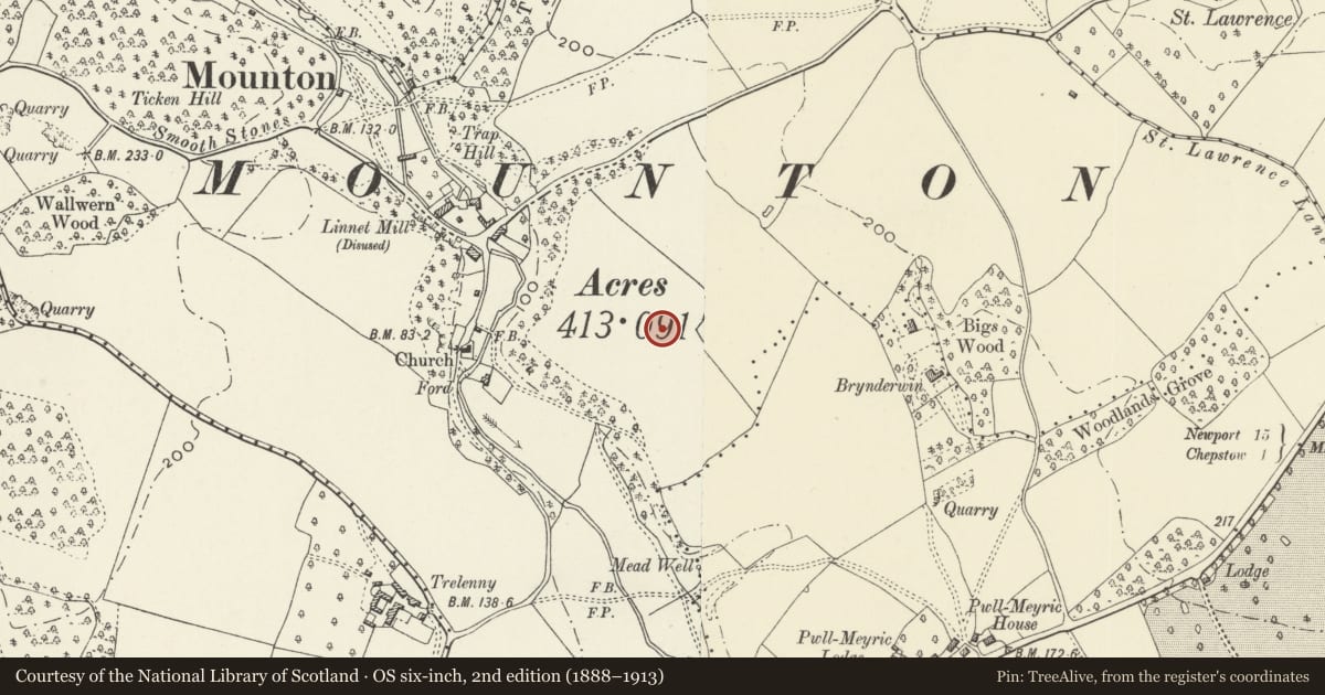 Ordnance Survey six-inch map, 2nd edition (1888–1913) covering the location of Mounton House Cottages, Mathern, Monmouthshire, with a pin at the register's coordinates