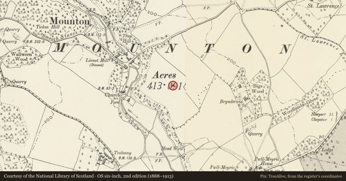 Ordnance Survey six-inch map, 2nd edition (1888–1913) covering the location of Mounton House Cottages, Mathern, Monmouthshire, with a pin at the register's coordinates