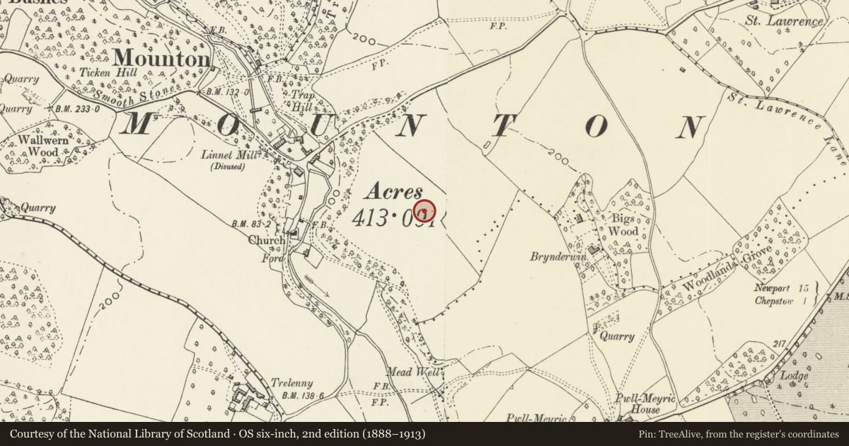 Ordnance Survey six-inch map, 2nd edition (1888–1913) covering the location of Garden Walls of Mounton House, Mathern, Monmouthshire, with a pin at the register's coordinates