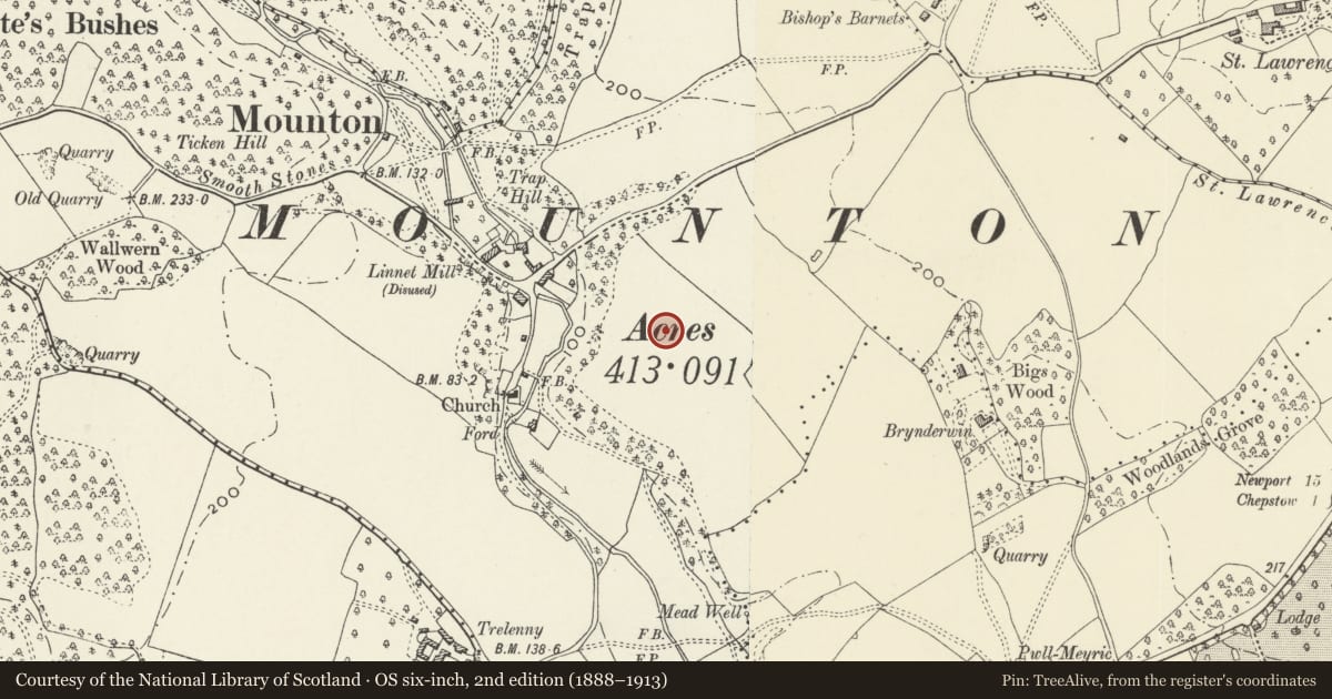 Ordnance Survey six-inch map, 2nd edition (1888–1913) covering the location of East Courtyard Buildings at Mounton House, Mathern, Monmouthshire, with a pin at the register's coordinates