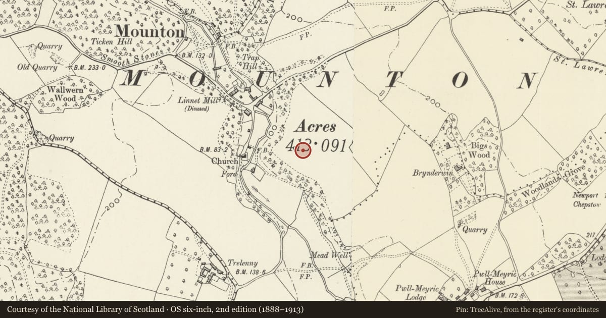 Ordnance Survey six-inch map, 2nd edition (1888–1913) covering the location of Teahouse in garden of Mounton House, Mathern, Monmouthshire, with a pin at the register's coordinates