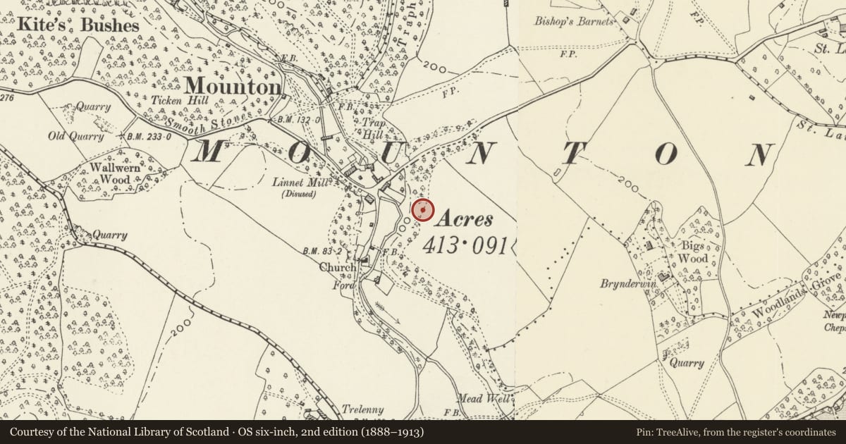 Ordnance Survey six-inch map, 2nd edition (1888–1913) covering the location of North Pergola at Mounton House, Mathern, Monmouthshire, with a pin at the register's coordinates