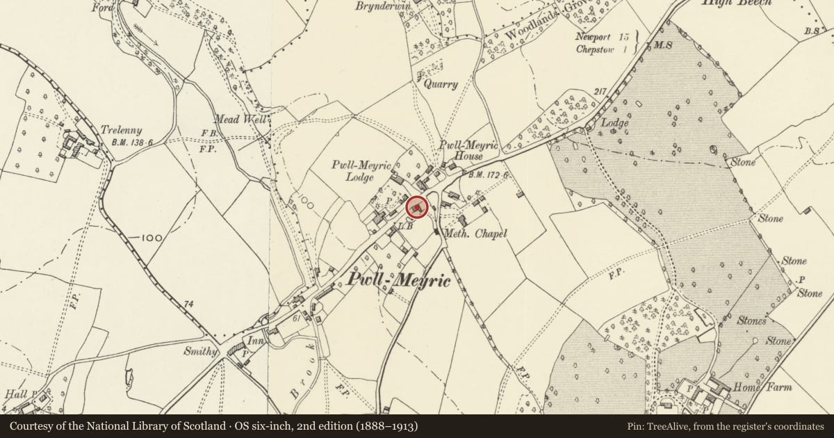 Ordnance Survey six-inch map, 2nd edition (1888–1913) covering the location of The Cedars, Mathern, Monmouthshire, with a pin at the register's coordinates
