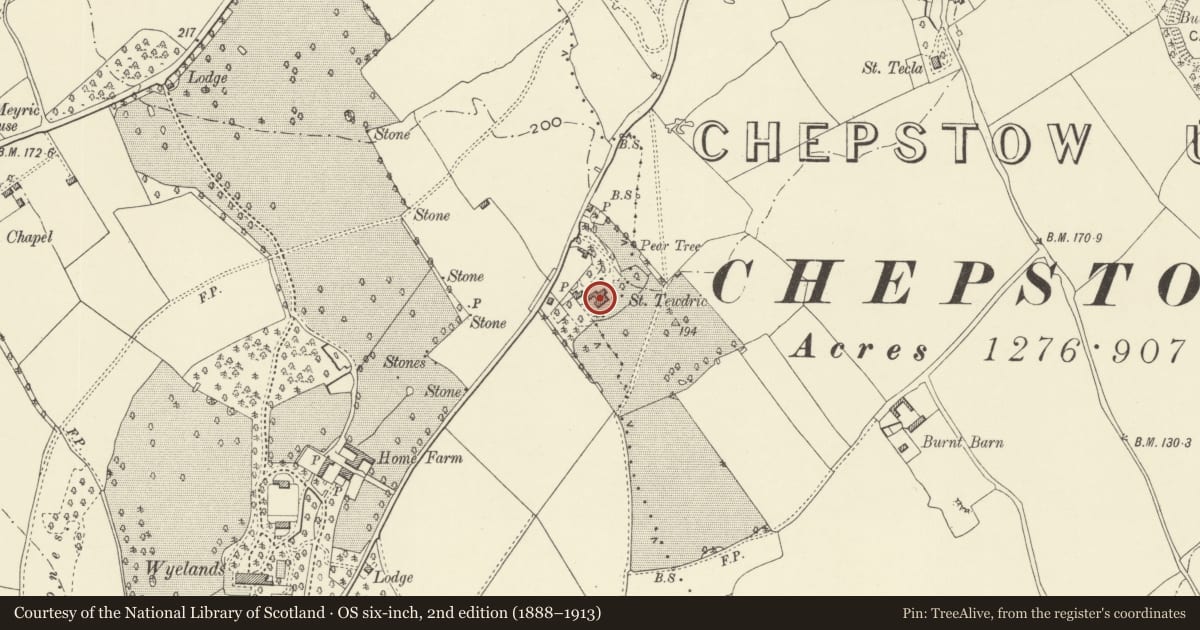 Ordnance Survey six-inch map, 2nd edition (1888–1913) covering the location of St Tewdric, Mathern, Monmouthshire, with a pin at the register's coordinates