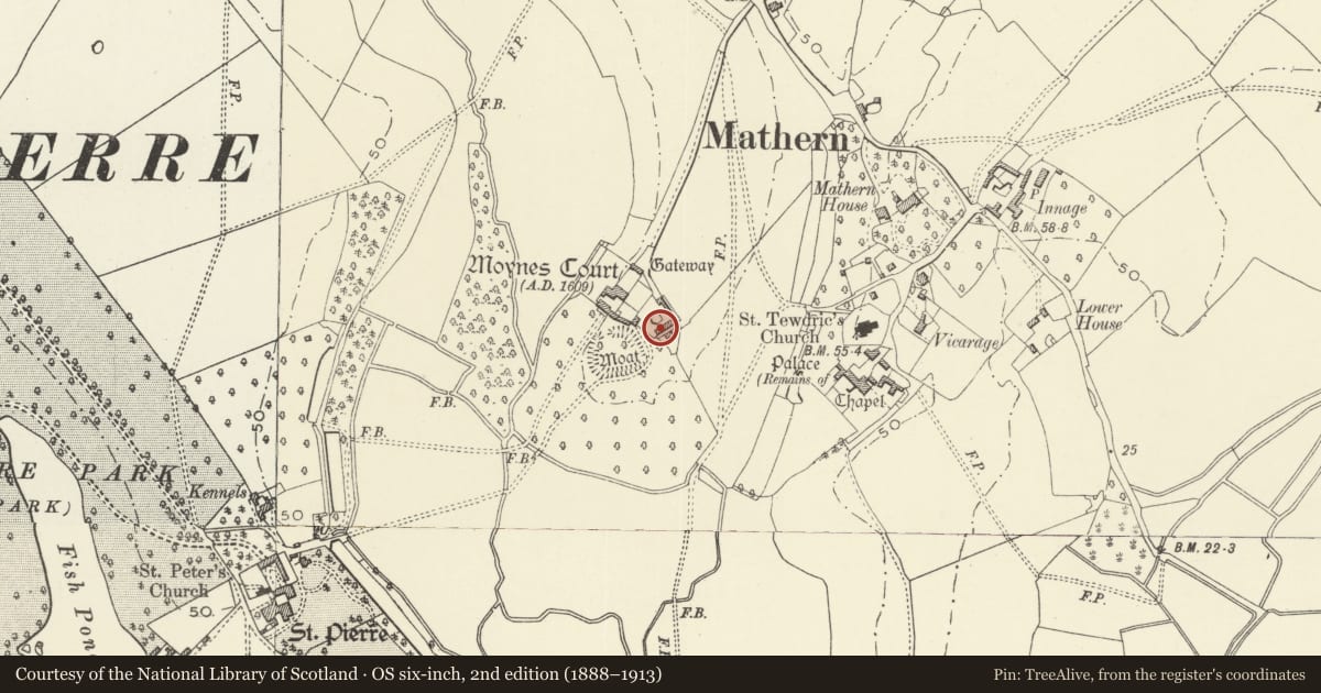 Ordnance Survey six-inch map, 2nd edition (1888–1913) covering the location of The Tithe Barn, Mathern, Monmouthshire, with a pin at the register's coordinates