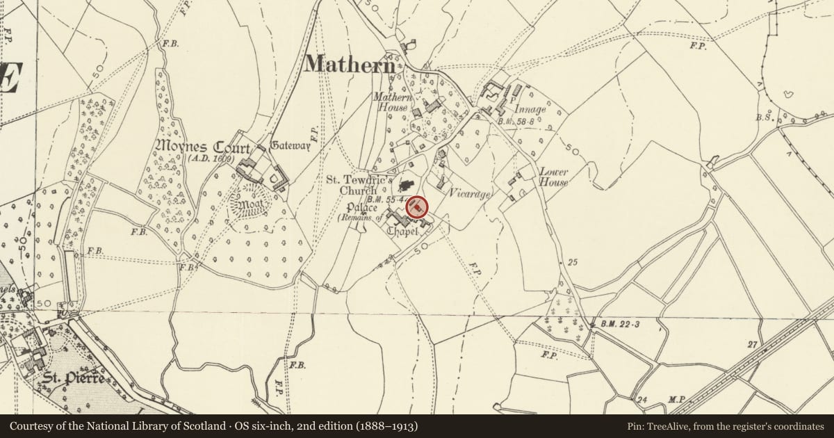 Ordnance Survey six-inch map, 2nd edition (1888–1913) covering the location of Old Barn at Mathern Palace, Monmouthshire, with a pin at the register's coordinates