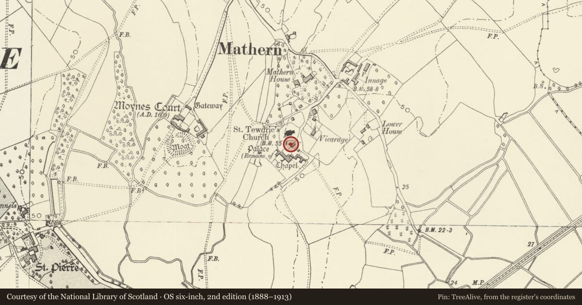 Ordnance Survey six-inch map, 2nd edition (1888–1913) covering the location of Courtyard House at Mathern Palace, Monmouthshire, with a pin at the register's coordinates