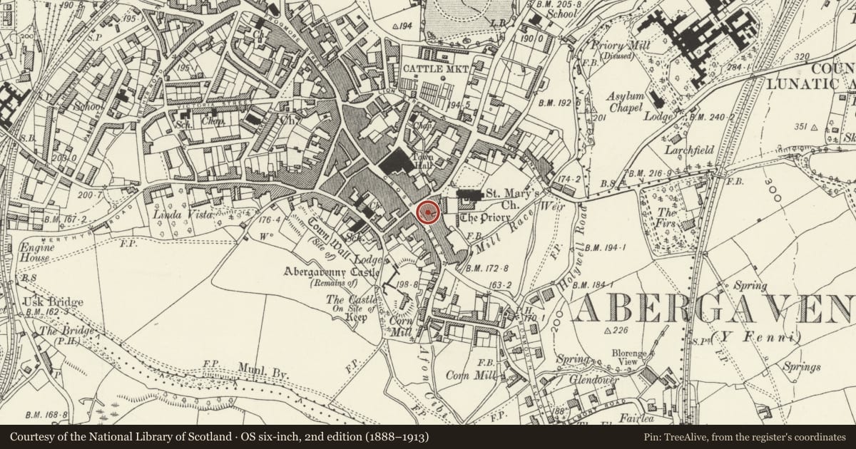 Ordnance Survey six-inch map, 2nd edition (1888–1913) covering the location of 47 Cross Street, Abergavenny, Monmouthshire, with a pin at the register's coordinates