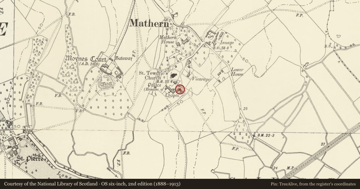 Ordnance Survey six-inch map, 2nd edition (1888–1913) covering the location of Pigsties at Mathern Palace, Monmouthshire, with a pin at the register's coordinates