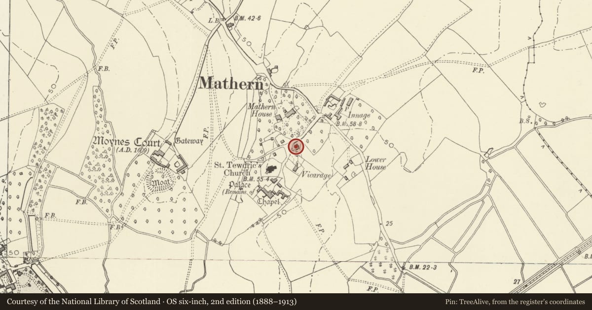 Ordnance Survey six-inch map, 2nd edition (1888–1913) covering the location of Mathern Lodge, Monmouthshire, with a pin at the register's coordinates