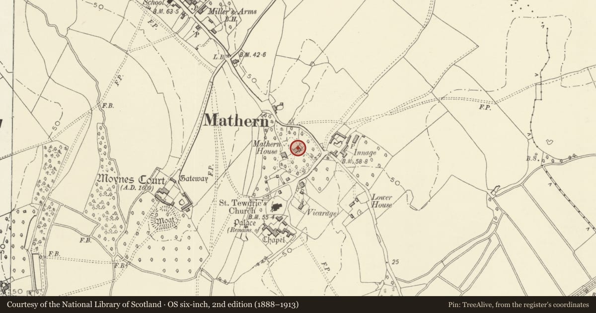 Ordnance Survey six-inch map, 2nd edition (1888–1913) covering the location of East Wing, Mathern House, Monmouthshire, with a pin at the register's coordinates