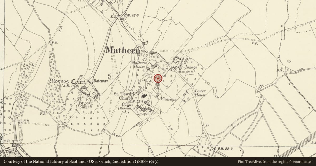 Ordnance Survey six-inch map, 2nd edition (1888–1913) covering the location of Front Wall and Entrance Gates of Mathern House, Monmouthshire, with a pin at the register's coordinates