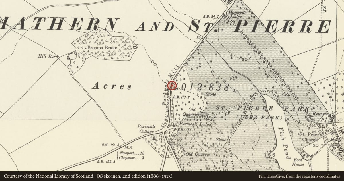 Ordnance Survey six-inch map, 2nd edition (1888–1913) covering the location of Boundary Wall of St Pierre Hotel, Mathern, Monmouthshire, with a pin at the register's coordinates