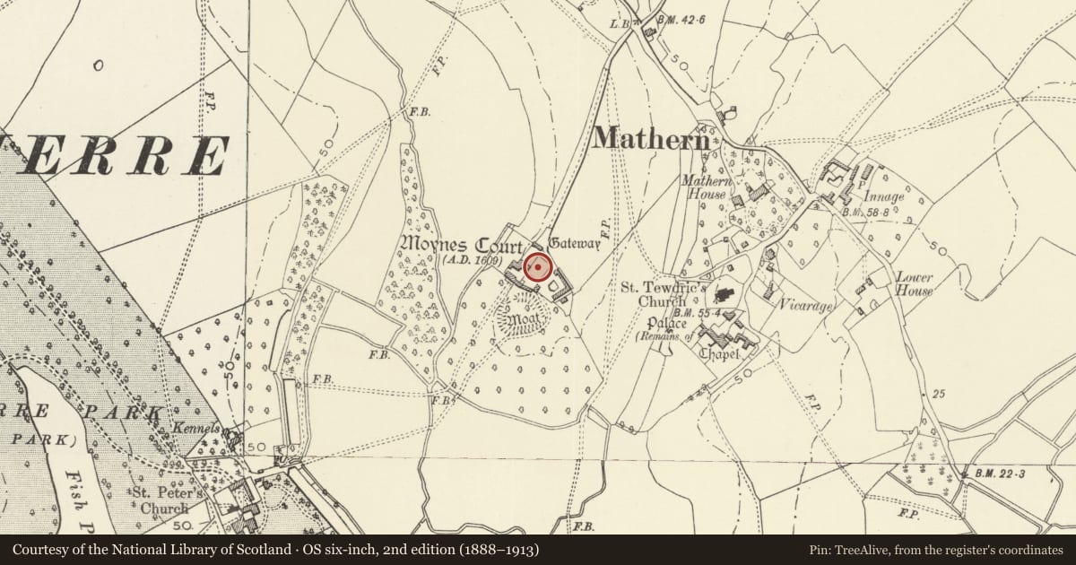Ordnance Survey six-inch map, 2nd edition (1888–1913) covering the location of Walled Garden at Moynes Court, Mathern, Monmouthshire, with a pin at the register's coordinates