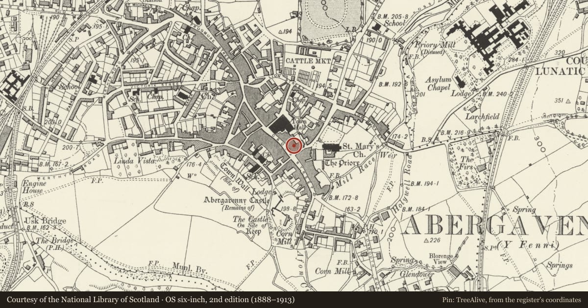 Ordnance Survey six-inch map, 2nd edition (1888–1913) covering the location of 52 & 53 Cross Street, Abergavenny, Monmouthshire, with a pin at the register's coordinates
